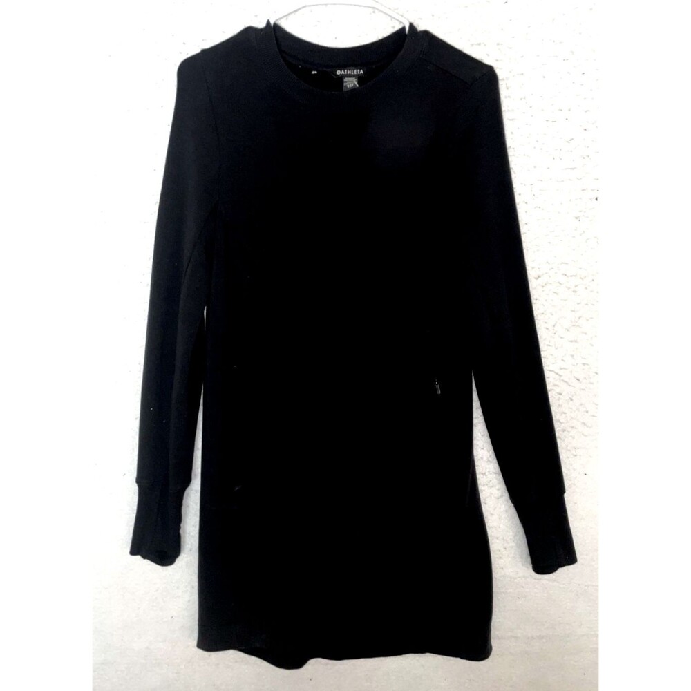 Athleta Sweatshirt Dress Womens XXS Black Fleece Lined Zip Pockets Long Sleeve